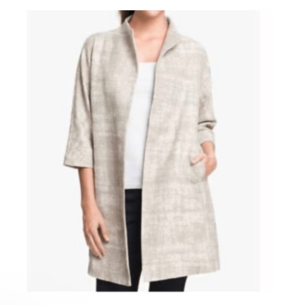 Eileen Fisher Coat Womens Medium Taupe Silver Illusion Jacquard Open Front Long